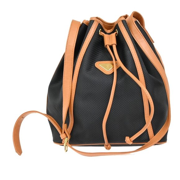 Saint Laurent YSL Logo Drawstring Shoulder Bag PVC Leather Navy Brown 38FC055 - Picture 1 of 16
